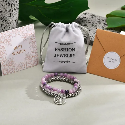 Vista 6 de TempBeau Life of Tree Bracelet for Women - Natural Stone Crystal Beaded Girl Stretch, Stackable Silver Chain Strand Set, Boho Bohemian Beach