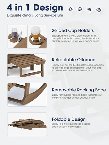 Vista 3 de KINGYES Silla mecedora Adirondack con otomano retráctil y portavasos, silla reclinable de patio Adirondack de HDPE para porche, patio, balcón, Teca