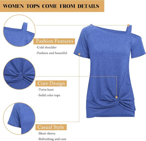 Vista 4 de Temofon - Camisetas de mujer, sin hombros, camiseta de verano informal, de manga corta, con diseño de nudo trasero y hombros desnudos, tallas S a 2XL