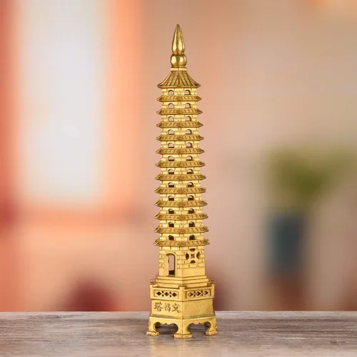 Vista 4 de Estatua de Feng Shui de latón Wenchang Pagoda Capa 13 Torre 11.8 "Longitud Escultura Oficina Hogar Escritorio Decoración Artefactos Atraer Carrera