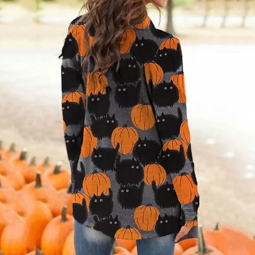 Vista 5 de kinstell Cárdigan de manga larga para mujer, diseño de calabaza, animal, gato negro, fantasma, abrigo ligero