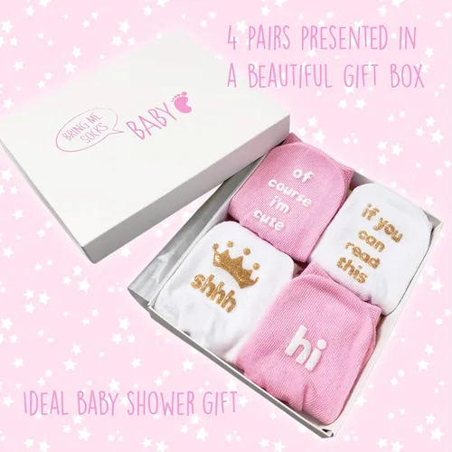 Vista 2 de Juego de calcetines de regalo para bebé niña regalo único para bebé o recién nacido para ella 4 pares de bonitas citas en caja de regalo