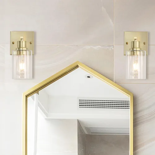 Vista 6 de Paquete de 2 lámparas de pared para sala de estar, luces de tocador de oro cepillado con pantalla de cristal, apliques de pared modernos de granja
