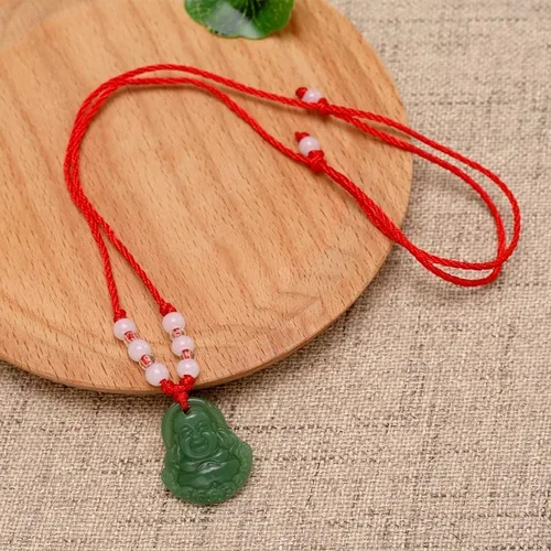 Vista 3 de FORUBUS Collar con colgante de cuerda roja con círculo de Buda de jade verde, amuleto tradicional chino para suerte y protección