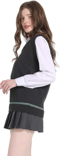 Vista 4 de Loiahoer Chaleco unisex de punto chaleco sin mangas cuello en V sin mangas para cosplay uniforme escolar otoño e invierno