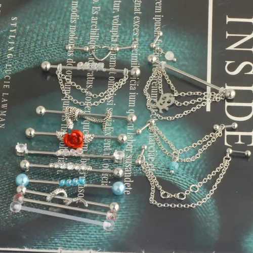 Vista 3 de Aretes de barra industriales 14G de acero inoxidable para cartílago largo, hélice, caracola, piercing para el cuerpo, joyería 7-18 piezas