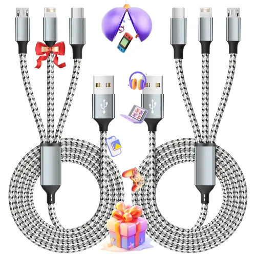 Vista 9 de Cable de carga múltiple, doble tipo C, cable de carga múltiple de nailon trenzado 4 en 1, cable de carga multi USB con puertos IP/tipo C/micro USB