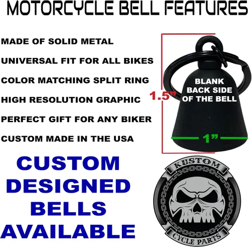 Vista 2 de Nunca montes más rápido que tu ángel puede volar" Campana de motociclista "Evil Spirits". Nuestras campanas personalizadas son de ajuste universal.