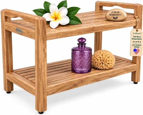 Vista 22 de EcoDecors Banco de ducha de teca natural de 18 pulgadas, impermeable Banco de ducha de teca de 18" con barra