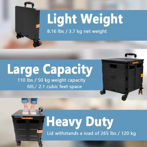 Vista 3 de Carrito plegable portátil con ruedas para compras, 4 ruedas giratorias con mango telescópico de plástico duradero y resistente, para viajes
