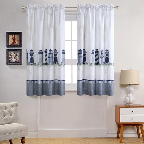Vista 19 de Juego de 3 cortinas de cocina de tela de poliéster estampada azul aviación océano moderno impermeable blanco, cenefa de 42" de ancho x 12" de largo