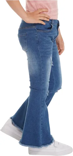 Vista 4 de YiZYiF Pantalones vaqueros acampanados rasgados para niños y niñas, pantalones de mezclilla de cintura alta, pantalones casuales de verano