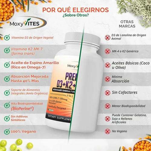 Vista 6 de MoxyVites Vitamina D3 K2 5000 UI – Alta absorción D3 + K2 MK-7 con aceite de espino cerval de mar y omega-7 – Apoyo óseo, corazón e inmunológico