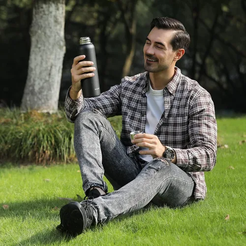 Vista 6 de GOOFIT Botella de agua aislada con correa de transporte, botella de agua de metal de acero inoxidable para niños, diseño grueso al vacío de doble