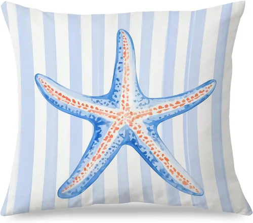 Vista 20 de Fundas de almohada costeras de langosta, fundas de almohada náuticas de langosta roja de Nueva Inglaterra con rayas azules y blancas para casa