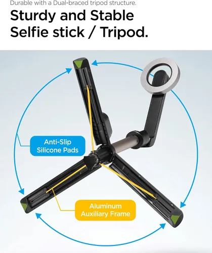 Vista 6 de Spigen Soporte de Trípode para Palo de Selfie con Control Remoto Bluetooth y Obturador, Extensible de 24", Compatible con MagSafe iPhone