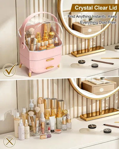 Vista 4 de Organizador de maquillaje con cajones y tapa, estuche portátil grande de almacenamiento de cosméticos para encimera de tocador, viajes, regalo