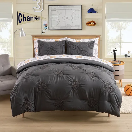 Vista 30 de Juego de edredón con diseño de baloncesto tamaño individual – Ropa de cama en una bolsa con sábanas, fundas de almohada y fundas decorativas