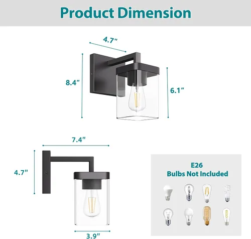 Vista 4 de Juego de 2 apliques de pared, diseño cuadrado, accesorios de iluminación de baño con pantalla de vidrio transparente, luces de pared negras mate