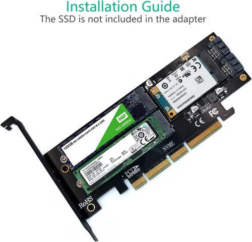 Vista 4 de Dual M.2 SSD NVME (llave m) o SATA (llave b) a PCI-e 3.0 x 4 Host Controller Tarjeta de expansión con soporte de perfil bajo y disipador de calor