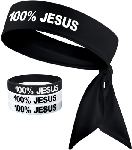 Vista 4 de 100% Jesús Sports Diadema y pulsera de silicona para fútbol, fútbol fútbol blanco y negro, atletismo, fitness, banda elástica para el sudor, bandana