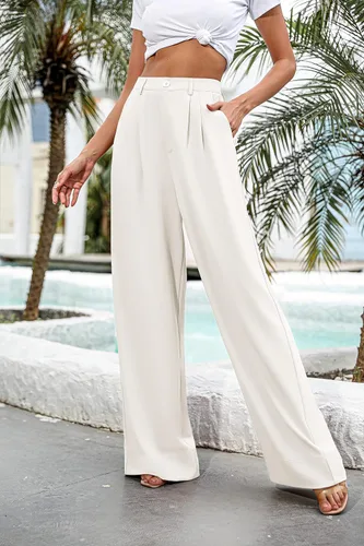 Vista 4 de Kocowoo Women Casual Wide Leg Pants Button Down Straight Long Trousers Pants Elastic High Waist Dress Pants for Women