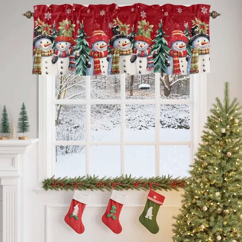 Vista 4 de Cenefa de muñeco de nieve de Navidad para ventanas de cocina, cenefas de invierno con bolsillo para barra, cortinas cortas, copos de nieve, bayas