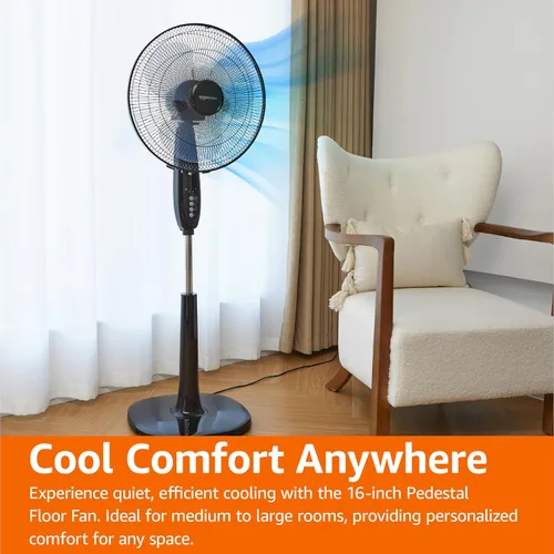 Vista 5 de Amazon Basics - Ventilador de pedestal de 16 pulgadas con control remoto, ventilador de piso, ventilador de pie para dormitorio, sala de estar