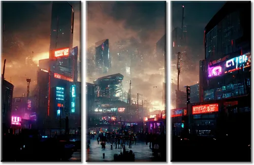 Vista 75 de Arte de pared de 3 piezas de escena de ciencia ficción de la calle comercial futurista paisaje urbano, decoración de pared para dormitorio