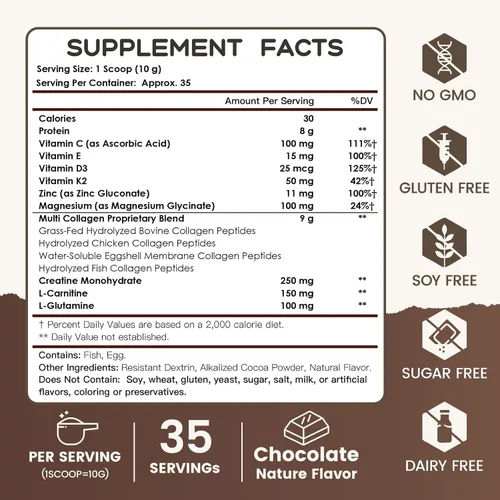 Vista 8 de NATURE TARGET Paquete de péptidos de colágeno múltiple en polvo, chocolate y vainilla, colágeno hidrolizado para mujeres y hombres con creatina