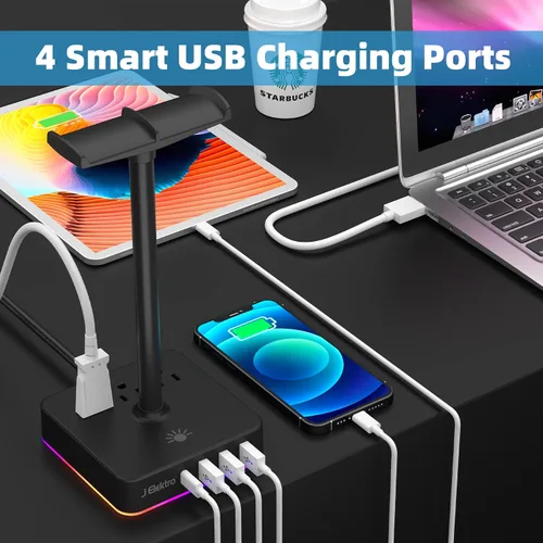 Vista 3 de J Elektro Regleta de alimentación con USB RGB02 soporte para auriculares con función RGB multiinterfaz, puertos de carga rápida, amplia