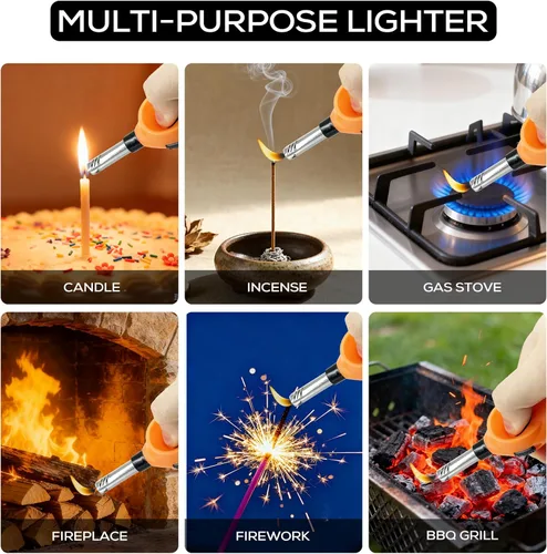 Vista 6 de Mini práctico encendedor de velas con varita extendida, bloqueo de seguridad, recarga de gas butano, encendedores para velas, estufas de cocina