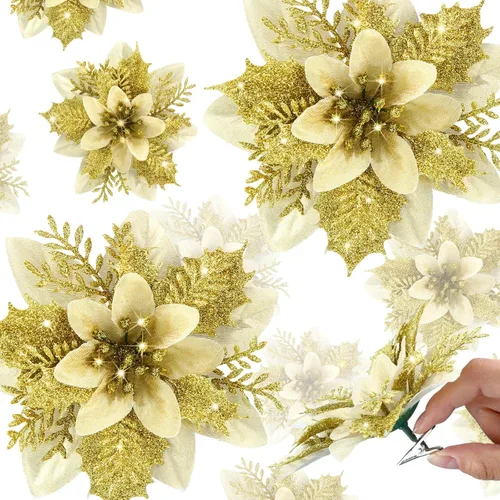 Vista 16 de Canlierr 12 piezas flores de Pascua de Navidad de 5.7 pulgadas con purpurina, flores artificiales con clips, adorno de árbol de Navidad para corona