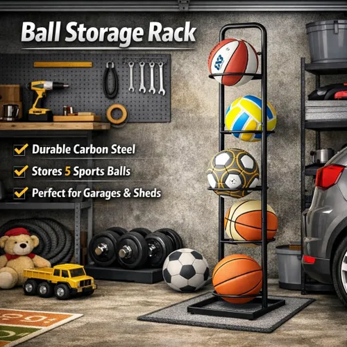 Vista 9 de Estante de almacenamiento vertical para bolas, soporte organizador deportivo ajustable de 5 niveles para baloncesto, fútbol, voleibol y más