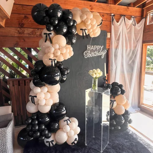 Vista 6 de Kit de guirnalda de globos negro, blanco y dorado, 115 piezas de arco de globos beige arena negro crema oro metálico con globos de papel de aluminio