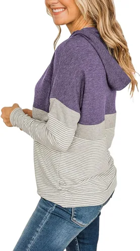 Vista 3 de Butgood Sudaderas con capucha de bloque de color para mujer sudadera de manga larga casual con cordón a rayas túnica