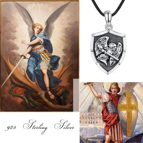 Vista 6 de CUOKA MIRACLE Warrior Necklace S925 Sterling Silver St Michael Necklace Celtic Knot Vintage Shield Mythology Archangel Protect Us Medal Amulet