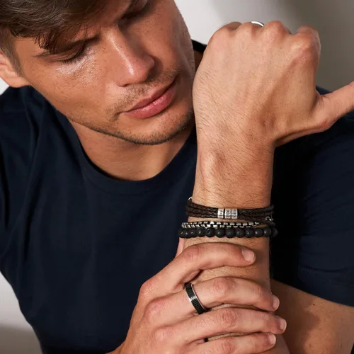 Vista 8 de Sett&Co - Personalized "Quest" BrownBlack Leather Bracelet With Up To 7 Custom Beads With Inscription - Sterling Silver 0.925, 18K Gold Plated