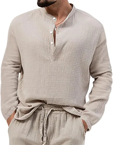 Vista 2 de Camisa Henley con botones para hombre, cuello redondo, ligera, de manga larga, casual, holgada, transpirable, a la moda