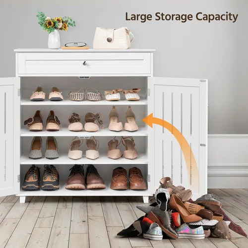 Vista 15 de Topeakmart Zapatero con puertas, zapatero de madera para pasillo, negro Estante de 4 capas y un cajón; dos particiones de nivel ajustables; MDF