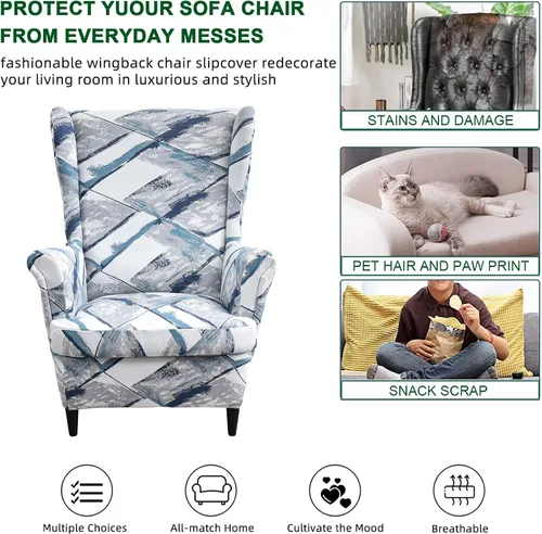 Vista 6 de CRFATOP Fundas para silla de alas estampadas, 2 piezas, elásticas con respaldo de ala, fundas de tela de elastano con respaldo de ala, fundas