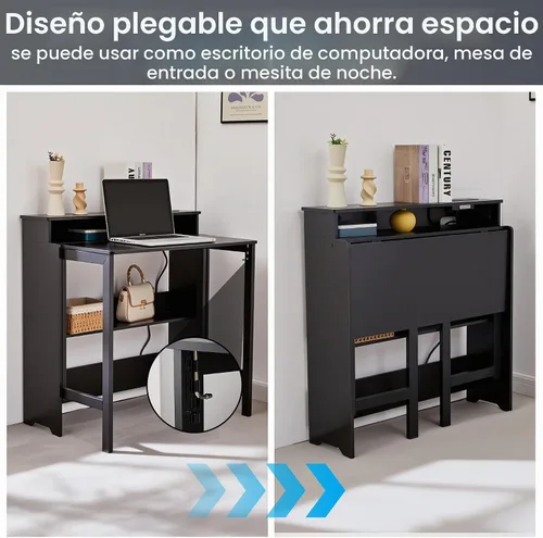 Vista 3 de Escritorio plegable con tomas de corriente, pequeña mesa plegable con estante de almacenamiento, escritorio oculto que ahorra espacio para Negro