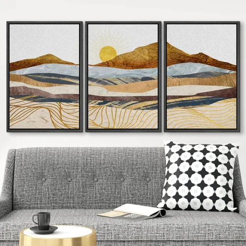 Vista 2 de wall26 Lienzo Enmarcado Impreso Arte de Pared Conjunto Onda Dorada Geométrica Cordillera Naturaleza Vida Silvestre Ilustraciones Arte Moderno