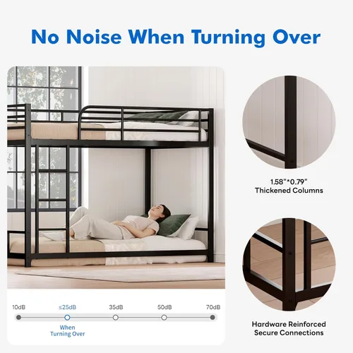 Vista 3 de Litera de metal bajo para niños, con escalera incorporada, barandilla alta y listones de metal, litera inferior de cama de suelo, no requiere Negro