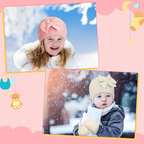 Vista 4 de 3 Set Toddler Hat Glove Set Kids Winter Hats Warm Knitted Beanie Mittens Gloves with Bow for Baby Girls and Boys 0-6Y