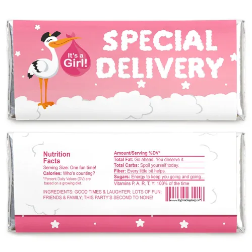 Vista 2 de Big Dot of Happiness Girl Special Delivery - Envoltura de barra de caramelo rosa It's A Girl Stork Baby Shower Favores - Juego de 24