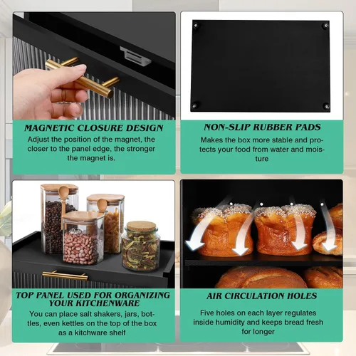 Vista 3 de Joyvilla Caja de Pan de Doble Capa de Bambú para Encimera de Cocina, Contenedor de Almacenamiento de Pan, Caja de Pan Negra con Ventana, de Gran