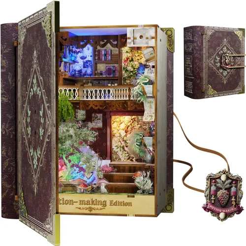 Vista 18 de CCCDF Kit de Biblioteca Book Nook, Kit de Casa de Muñecas en Miniatura DIY, Rompecabezas de Madera 3D Sujetalibros Estantería con Luz LED para Marrón