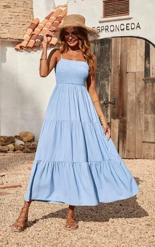 Vista 4 de Vestido largo de verano para mujer de PRETTYGARDEN, casual, bohemio, sin mangas, con tirantes delgados, fruncido, para playa, para el sol.