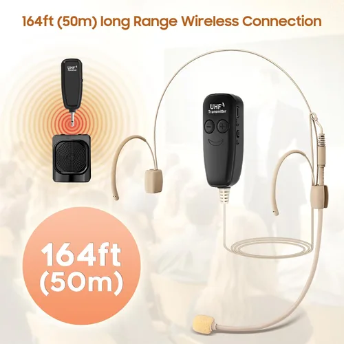 Vista 2 de Micrófono de auriculares inalámbricos, sistema de altavoz de micrófono de cabeza UHF, micrófonos amplificadores de voz profesionales beige